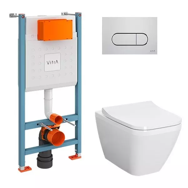 Комплект инсталляция с унитазом, крышкой и кнопкой смыва «Vitra» Integra Square 9856B003-7207 безободковый белый
Комплект инсталляция с унитазом, крышкой и кнопкой смыва «Vitra» Integra Square 9856B003-7207 безободковый белый