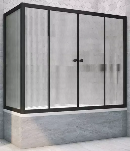 Шторка на ванну стеклянная «Vegas Glass» Z2V+ZVF Novo 160/90 Moru рифлёная/чёрная матовая универсальная 
Шторка на ванну стеклянная «Vegas Glass» Z2V+ZVF Novo 160/90 Moru рифлёная/чёрная матовая универсальная