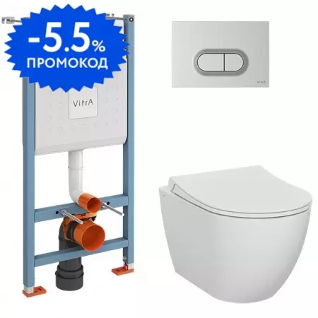 Комплект инсталляция с унитазом, крышкой и кнопкой смыва «Vitra» Mia 9856B003-7200 безободковый белый
Комплект инсталляция с унитазом, крышкой и кнопкой смыва «Vitra» Mia 9856B003-7200 безободковый белый