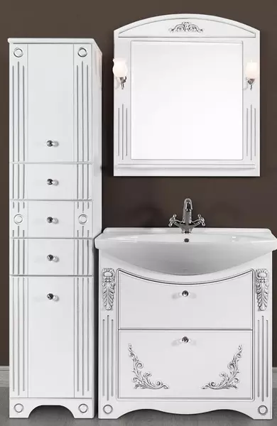 Мебель для ванной «Vod-ok» Кармен 85 с ящиками белая с патиной серебро