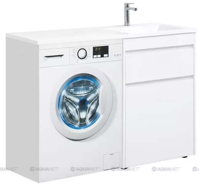 

Тумба с раковиной под стиральную машину «Aquanet» Токио 120 (Даллас 120 правая) с корзиной белая