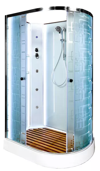 

Душевая кабина «Deto» EM-1511N LED 110/80 низкий поддон матовая с рисунком/белая без крыши с гидромассажем с электрикой левая