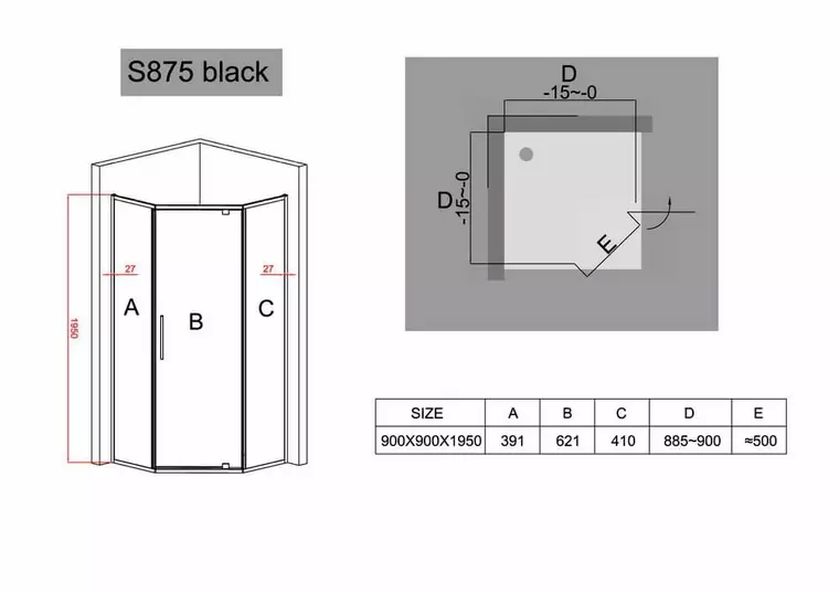 Душевой угол-ограждение «Black & White» S875 90/90 прозрачный/чёрный универсальный без поддона