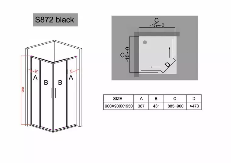 Душевой угол-ограждение «Black & White» S872 90/90 прозрачный/чёрный без поддона