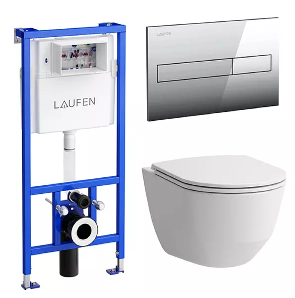Комплект инсталляция с унитазом, крышкой и кнопкой смыва «Laufen» Pro 8.6996.6.000.000.R клавиша смыва AW1 хром безободковый