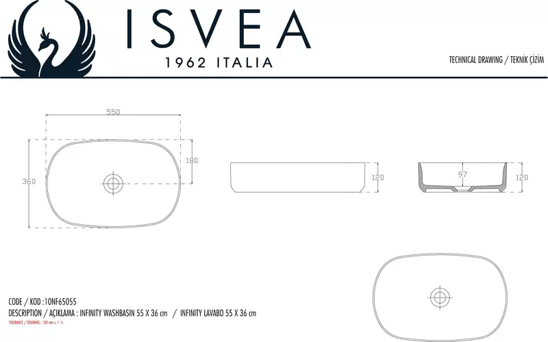 Раковина «Isvea» Infinity 55/36 10NF65055SV-2C фарфоровая антрацит
