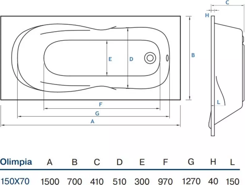 

Ванна акриловая «Koller Pool» Olimpia 150/70 без опор без сифона белая