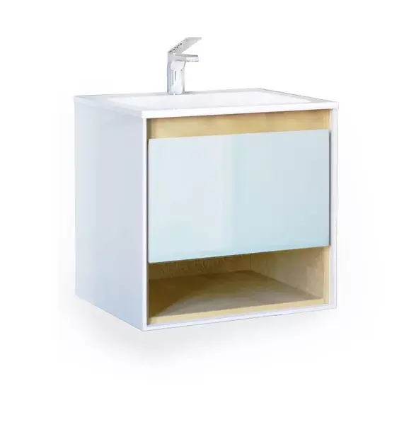 

Тумба с раковиной «Jorno» Glass 65 (Modul 65) подвесная белая/светлое дерево