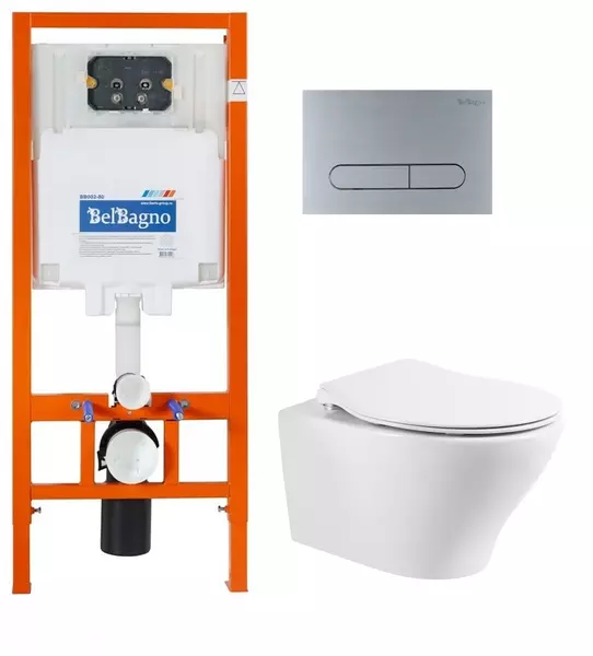 

Комплект инсталляция с унитазом, крышкой и кнопкой смыва «Belbagno» Acqua BB340CHR/BB2020SC/BB002-80/BB006-PR-CHROME.M безободковый белый