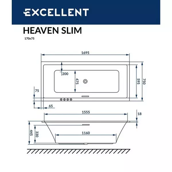 Гидромассажная ванна акриловая «Excellent» Heaven Slim 170/75 Line с каркасом с сифоном белая/хром