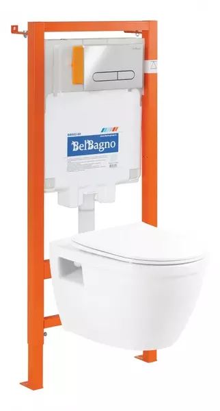 Комплект инсталляция с унитазом, крышкой и кнопкой смыва «Belbagno» Loto BB070CHR/SC/BB002-80/BB005-PR-CHROME безободковый белый
