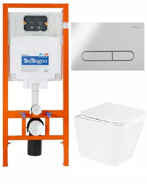 Комплект инсталляция с унитазом, крышкой и кнопкой смыва «Belbagno» Due BB3103CHR/SC/BB002-80/BB005-PR-CHROME безободковый белый
