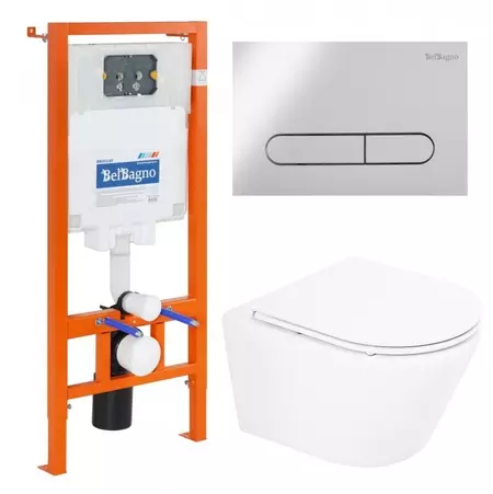 

Комплект инсталляция с унитазом, крышкой и кнопкой смыва «Belbagno» Tre BB8001CHR/SC/BB002-80/BB005-PR-CHROME безободковый белый