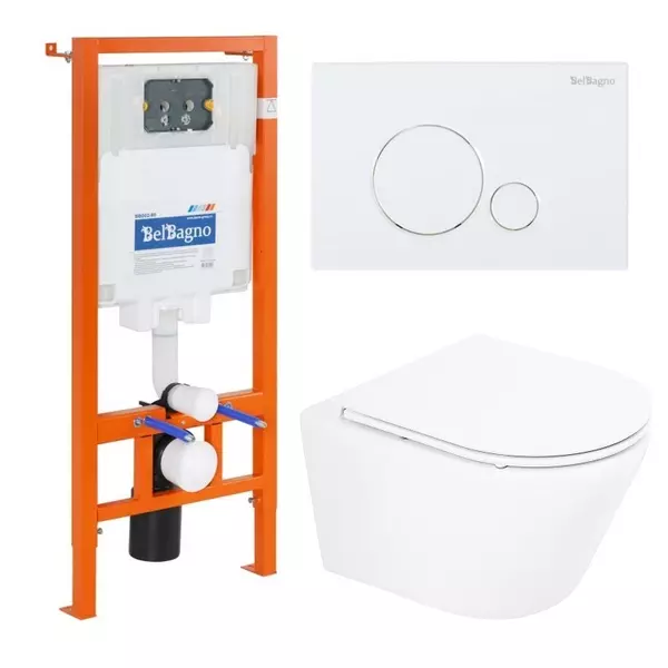 

Комплект инсталляция с унитазом, крышкой и кнопкой смыва «Belbagno» Tre BB8001CHR/SC/BB002-80/BB014-SR-BIANCO безободковый белый