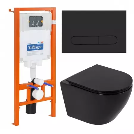 

Комплект инсталляция с унитазом, крышкой и кнопкой смыва «Belbagno» Colorato BB062CHR-MB/BB062SC-MB/BB002-80/BB007-PR-NERO.M безободковый черный