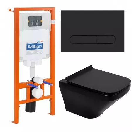

Комплект инсталляция с унитазом, крышкой и кнопкой смыва «Belbagno» Sela BB3201CHR-MB/BB3201SC-MB/BB002-80/BB007-PR-NERO.M безободковый черный