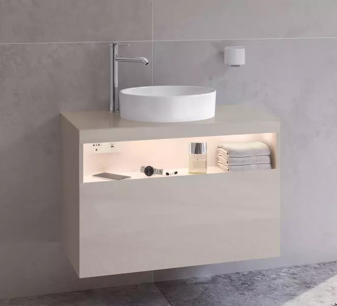 

Тумба с раковиной «Keuco» Stageline 80 с подсветкой со столешницей (Stageline 40/40 белая) подвесная кашемир левая