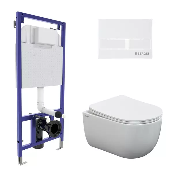 

Комплект инсталляция с унитазом, крышкой и кнопкой смыва «Berges Wasserhaus» Novum 525/Ventas Rimless/кнопка L1 белый 043308 безободковый белый