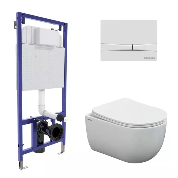 

Комплект инсталляция с унитазом, крышкой и кнопкой смыва «Berges Wasserhaus» Novum 525/Ventas Rimless/кнопка F1 белый 043308 безободковый белый