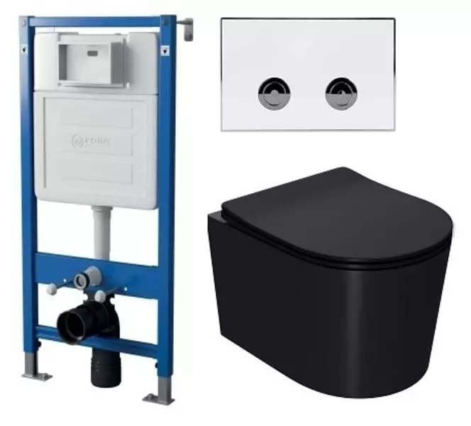 

Комплект инсталляция с унитазом, крышкой и кнопкой смыва «Point» PN48187WC (инсталляция пневматическая PN45121/клавиша Венера/унитаз Веста PN41701BM) безободковый черный