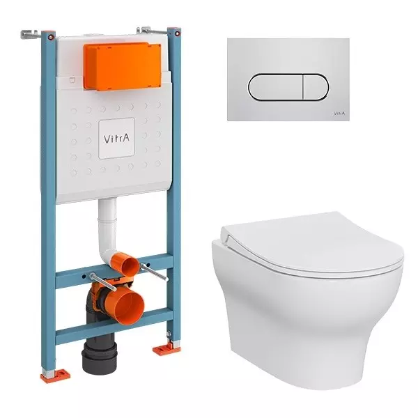 Комплект инсталляция с унитазом, крышкой и кнопкой смыва «Vitra» Zentrum Round 9879B003-7200 безободковый белый