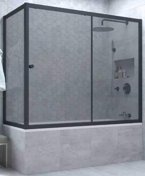 Шторка на ванну стеклянная «Vegas Glass» ZV+ZVF Novo 180/80 графит/чёрная матовая универсальная