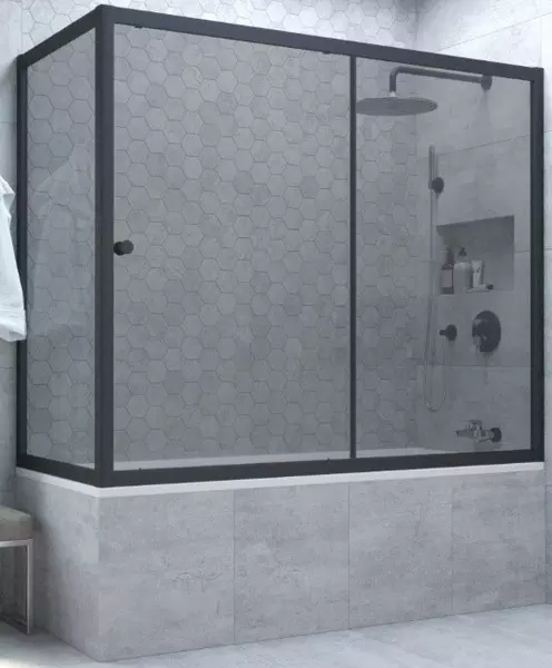 Шторка на ванну стеклянная «Vegas Glass» ZV+ZVF Novo 180/85 графит/чёрная матовая универсальная