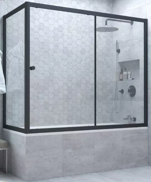 Шторка на ванну стеклянная «Vegas Glass» ZV+ZVF Novo 180/85 Crystal vision/чёрная матовая универсальная