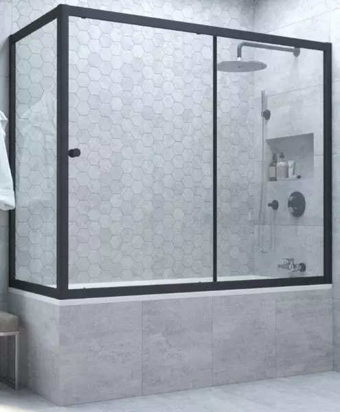 Шторка на ванну стеклянная «Vegas Glass» ZV+ZVF Novo 180/90 Crystal vision/чёрная матовая универсальная