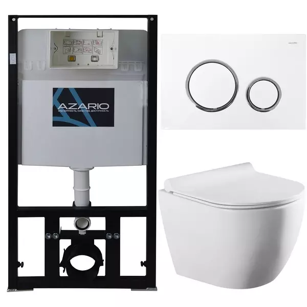 Комплект инсталляция с унитазом, крышкой и кнопкой смыва «Azario» Geno AZ80101000 AZ82000045 AZ2196D безободковый белый