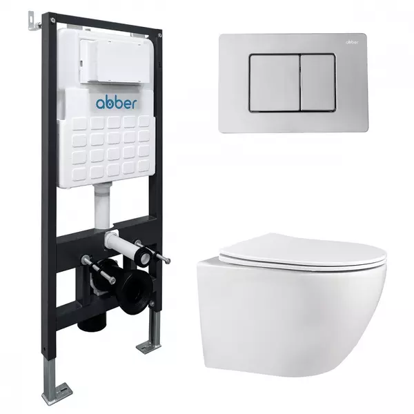 

Комплект инсталляция с унитазом, крышкой и кнопкой смыва «Abber» Bequem AC1100-AC0105-AC0120 безободковый белый