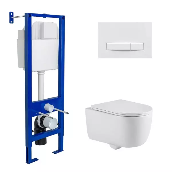 

Комплект инсталляция с унитазом, крышкой и кнопкой смыва «Berges Wasserhaus» Atom Line 410/Tornas/кнопка белая 043328 безободковый белый