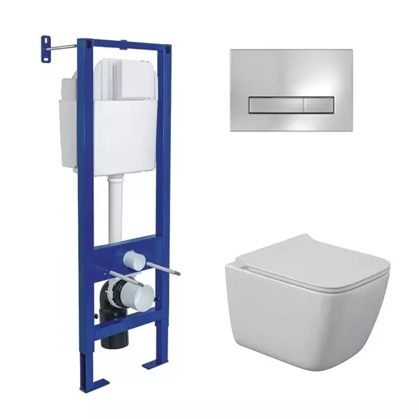 

Комплект инсталляция с унитазом, крышкой и кнопкой смыва «Berges Wasserhaus» Atom Line/Quattro S Rimless/кнопка хром глянец 043361 безободковый белый