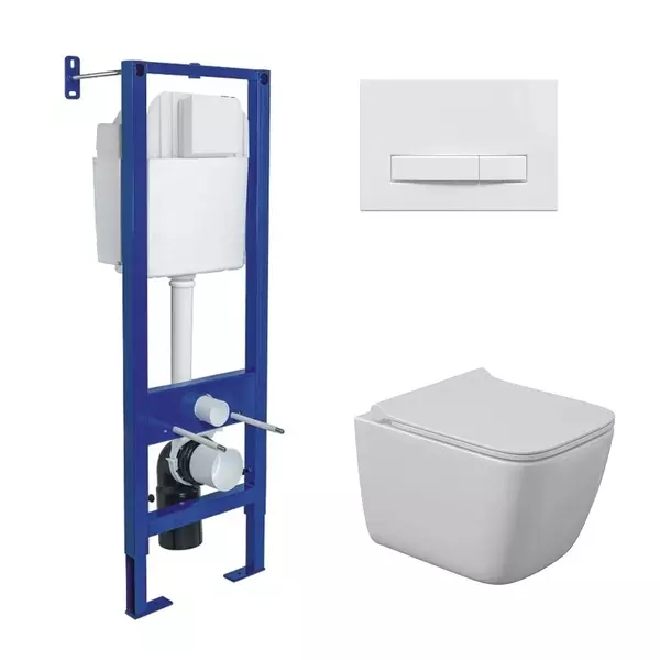 

Комплект инсталляция с унитазом, крышкой и кнопкой смыва «Berges Wasserhaus» Atom Line/Quattro S Rimless/кнопка белая 043363 безободковый белый