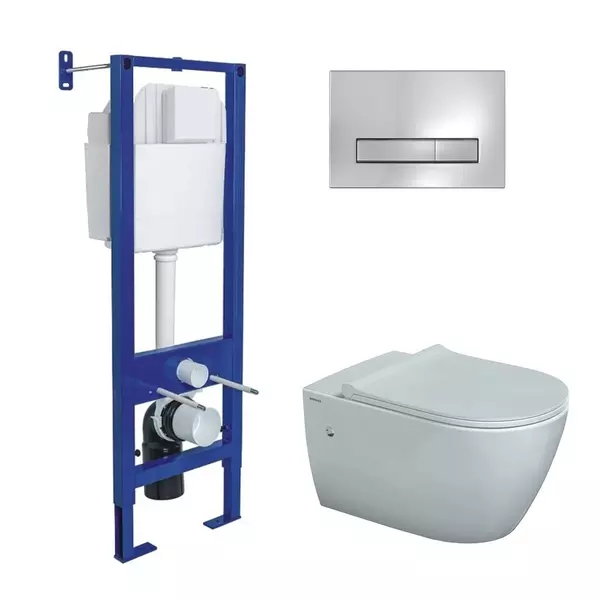 

Комплект инсталляция с унитазом, крышкой и кнопкой смыва «Berges Wasserhaus» Atom Line/Mascon Rimless/кнопка чёрная SoftTouch 043351 безободковый белый