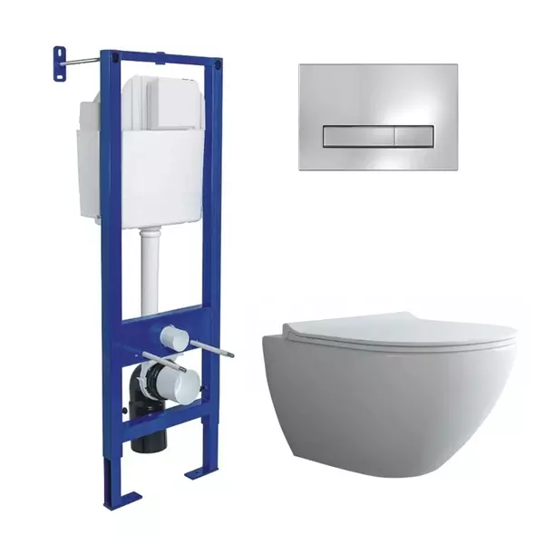 

Комплект инсталляция с унитазом, крышкой и кнопкой смыва «Berges Wasserhaus» Atom Line/Puma XL Rimless/кнопка хром глянец 043353 безободковый белый