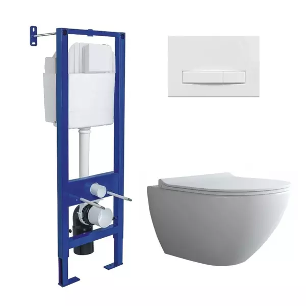 

Комплект инсталляция с унитазом, крышкой и кнопкой смыва «Berges Wasserhaus» Atom Line/Puma XL Rimless/кнопка белая 043354 безободковый белый