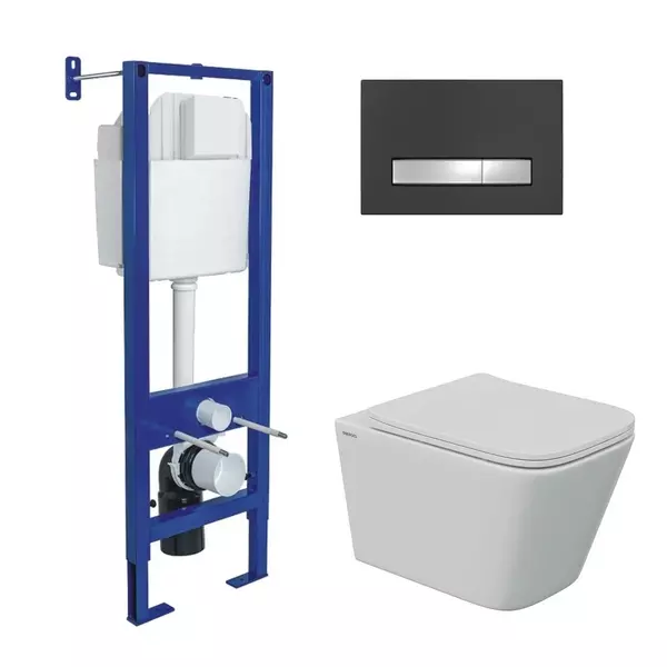 

Комплект инсталляция с унитазом, крышкой и кнопкой смыва «Berges Wasserhaus» Atom Line/Floe S Rimless/кнопка чёрная/хром 043366 безободковый белый