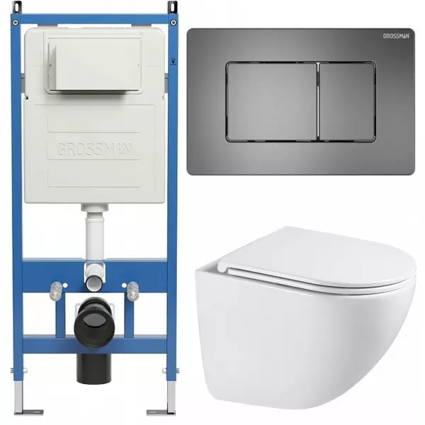 Комплект инсталляция с унитазом, крышкой и кнопкой смыва «Grossman» 97.4455SQC.04.42M безободковый белый