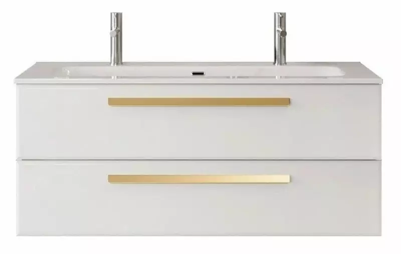 Тумба с раковиной «Cezares» Eco-cer-n 120 (CZR-8073-120-1-2 с двумя отверстиями под смеситель) подвесная Bianco Opaco/ручка сатиновое золото