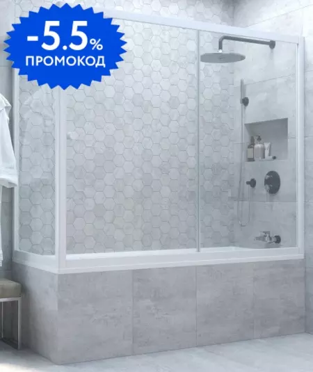 

Шторка на ванну стеклянная «Vegas Glass» ZV+ZVF Novo 180/80/140 прозрачная/белая универсальная