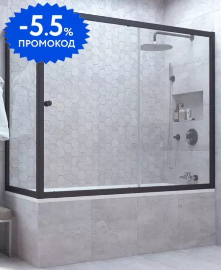 

Шторка на ванну стеклянная «Vegas Glass» ZV+ZVF Novo 180/85/140 прозрачная/чёрная матовая универсальная
