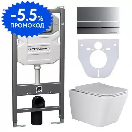 

Комплект инсталляция с унитазом, крышкой и кнопкой смыва «Ceramica Nova» Metric CN3007_1002M_1000 безободковый белый