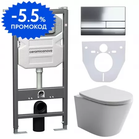 

Комплект инсталляция с унитазом, крышкой и кнопкой смыва «Ceramica Nova» Balearica CN6000_1002CH_1000 безободковый белый