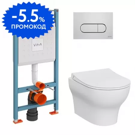 

Комплект инсталляция с унитазом, крышкой и кнопкой смыва «Vitra» Zentrum Round 9879B003-7200 безободковый белый