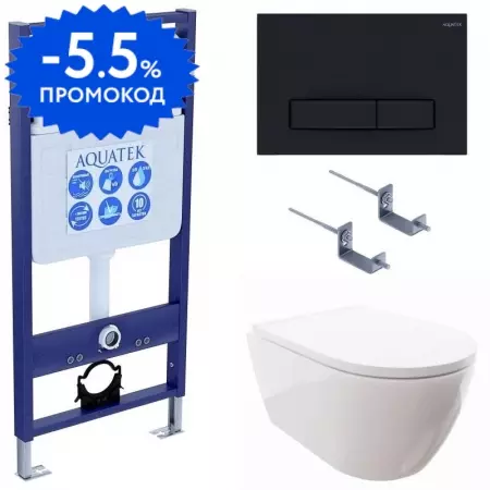 

Комплект инсталляция с унитазом, крышкой и кнопкой смыва «Aquatek» INS-0000012/AQ0700-00/KKI-0000002/KDI-0000025 безободковый белый
