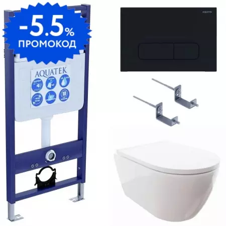 

Комплект инсталляция с унитазом, крышкой и кнопкой смыва «Aquatek» INS-0000012/AQ0700-00/KKI-0000002/KDI-0000017 безободковый белый
