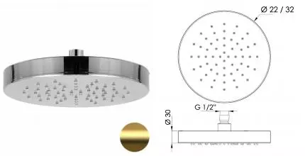 Верхний душ с шарнирным соединением 22 см Daniel A578H3CM22DP, золото брашированное