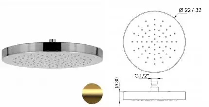 Верхний душ с шарнирным соединением 32 см Daniel A578H3CM32DP, золото брашированное