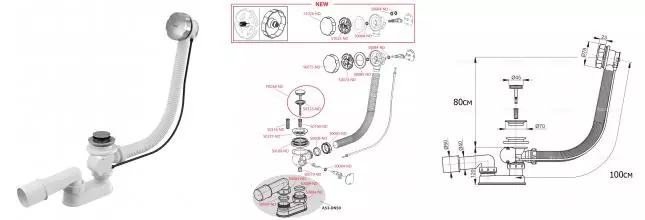 Сифон для ванны слив-перелив «AlcaPlast» A55K перелив 100 см хром полуавтомат